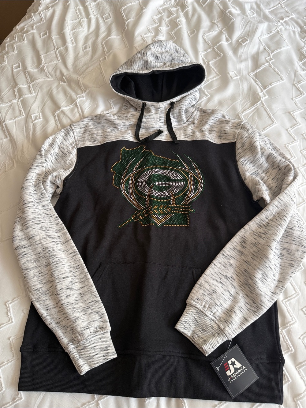 Embellished Pullover Hoodie with Marled Sleeves - Black/Gray/Green